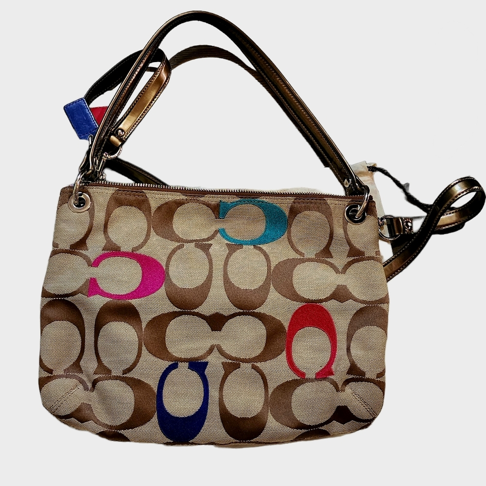 Coach handcrafted purse tan with pinks and blues - Picture 2 of 6